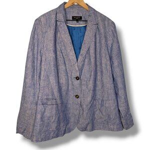 Talbots 100% Linen Blazer Women 20W Blue Chambray One-Button Suit Jacket Coastal